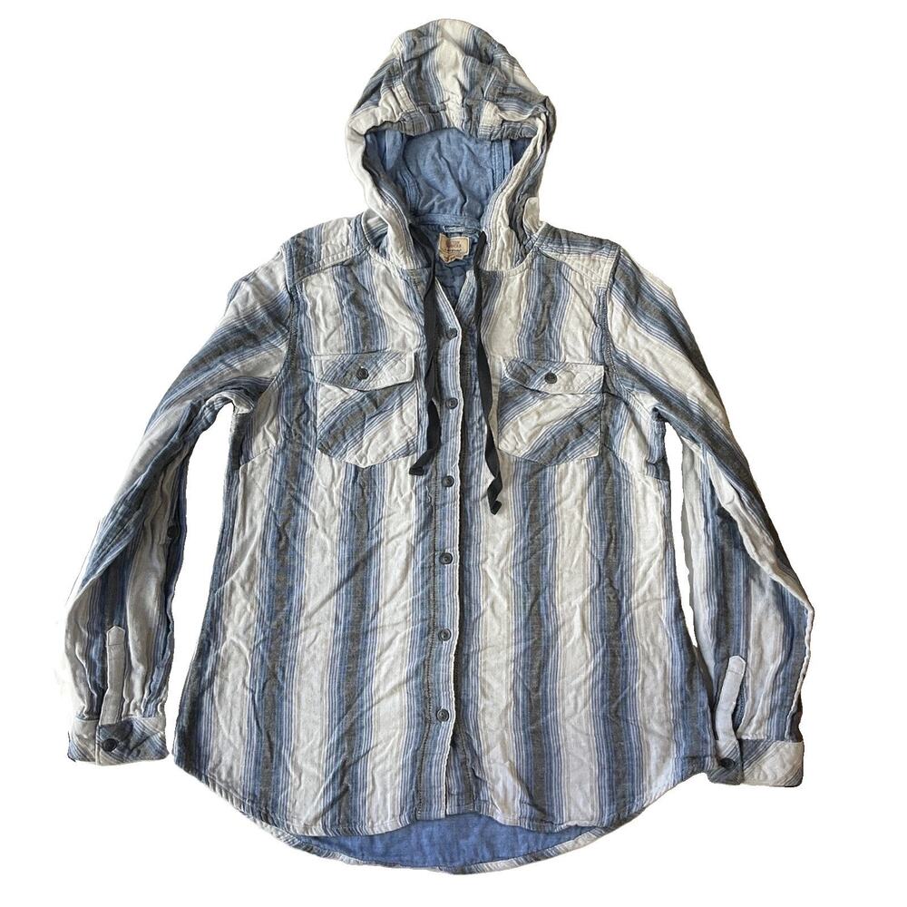 Boston Traders Women Button Up Shirt S Blue Striped Long Sleeve Hooded